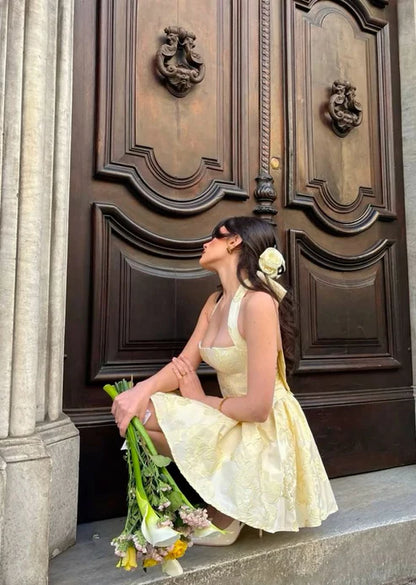 Unique Hoco Dresses Ball Gown Halter Yellow Short Satin Mini Formal 8th Grade Homecoming Dresses Middle School 18th Birthday Outfits Hoco Outfit DH1715