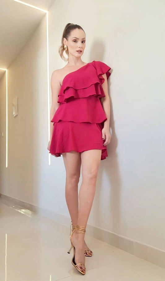 Robes classiques Hoco A-line, asymétrique, rose vif, courte, en mousseline, mini, formelles, pour le bal de fin d'année, pour le collège, pour les 18 ans, tenue Hoco DH1717