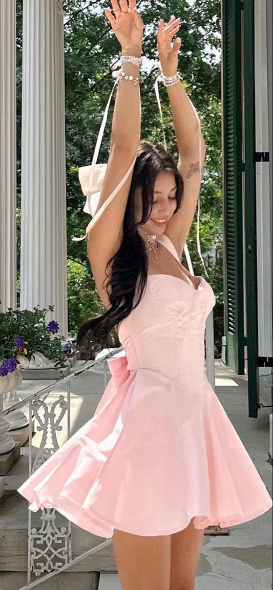 Robe Hoco classique à bretelles trapèze, courte, rose, en satin, tenue de soirée, de 8e année, pour le collège, pour les 18 ans, tenue Hoco DH1719