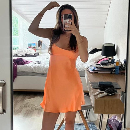 Robe de soirée courte en satin orange à bretelles spaghetti, style trapèze, tenue de cocktail dos nu, style collège, DH1722