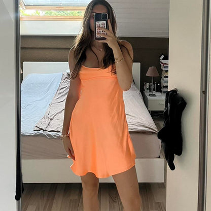 Robe de soirée courte en satin orange à bretelles spaghetti, style trapèze, tenue de cocktail dos nu, style collège, DH1722