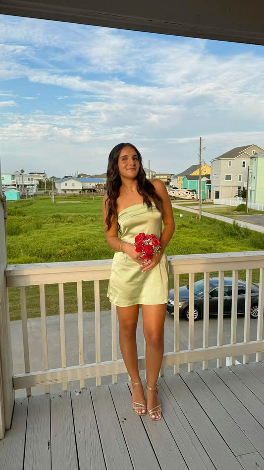 Robes classiques Hoco A-line sans bretelles vert sauge, courtes, en satin, mini, formelles, robes de bal de fin d'année, tenues de collège, 18e anniversaire, tenue Hoco DH1725