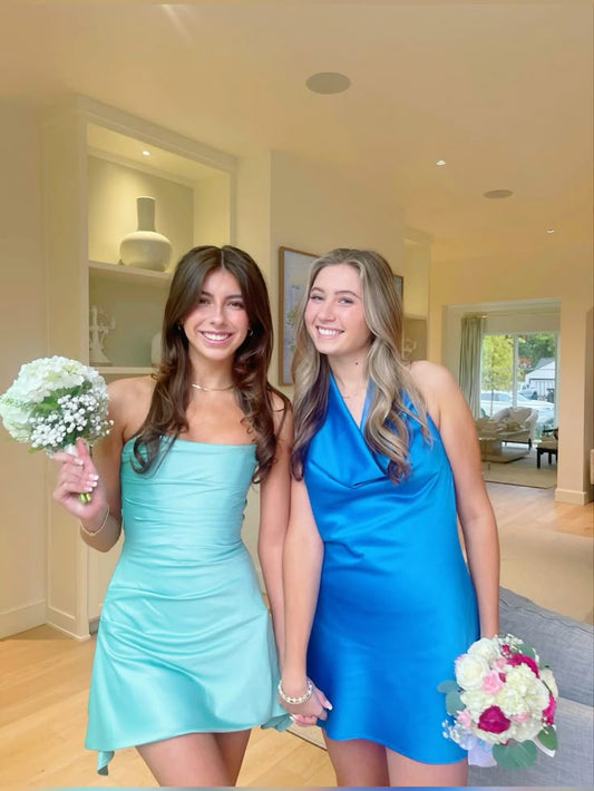 Edles A-Linien-Kleid, trägerlos, blau, Satin, kurz, Mini, formelles Homecoming-Kleid für die 8. Klasse, Hoco-Abschlussballkleid für die Mittelschule, Kleid für den 16. Geburtstag, Hoco-Outfits, DH1748