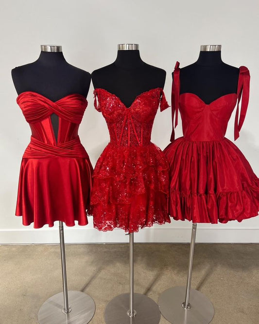 Classy A line Sweetheart Red Satin Short Mini Formal 8th Grade Homecoming Dresses Middle School Hoco Court Dress 16th Birthday Dress Hoco Outfits DH1754