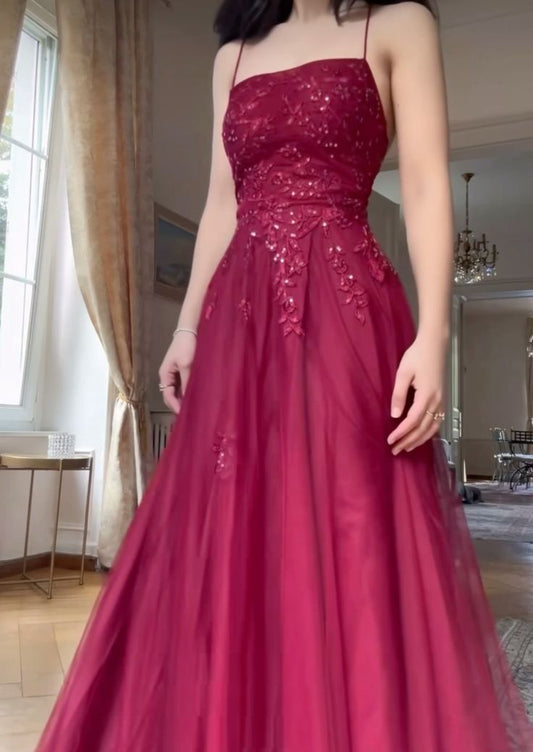 Elegant A Line Spaghetti Straps Burgundy Tulle Long Prom Dresses Party Dress 21st Birthday Outfits Graduation Dresses DH176