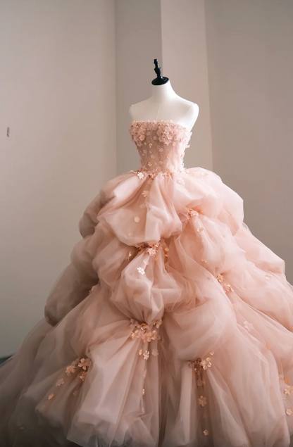 Vintage Wedding Gown Bridal Dress Ball Gown Strapless Organza Wedding Dress Pink Wedding Dresses Modest Wedding Gowns DH1761