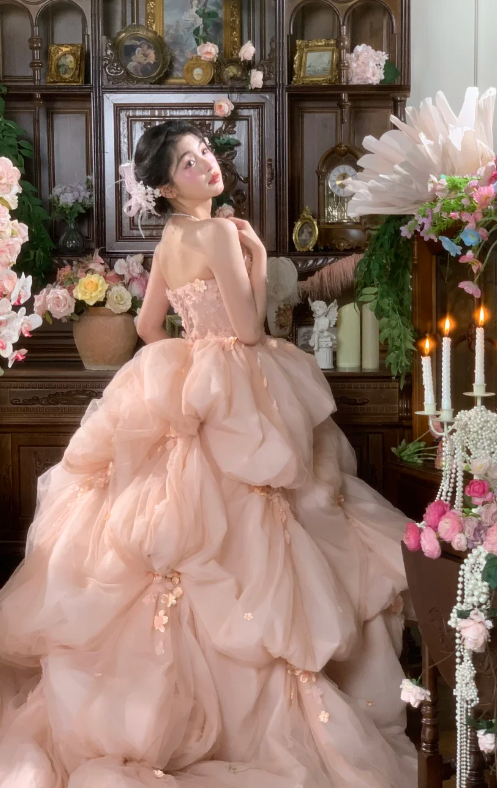 Vintage Wedding Gown Bridal Dress Ball Gown Strapless Organza Wedding Dress Pink Wedding Dresses Modest Wedding Gowns DH1761