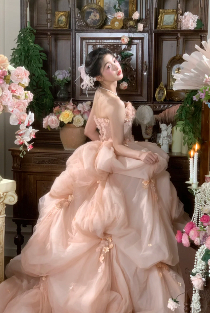 Vintage Wedding Gown Bridal Dress Ball Gown Strapless Organza Wedding Dress Pink Wedding Dresses Modest Wedding Gowns DH1761