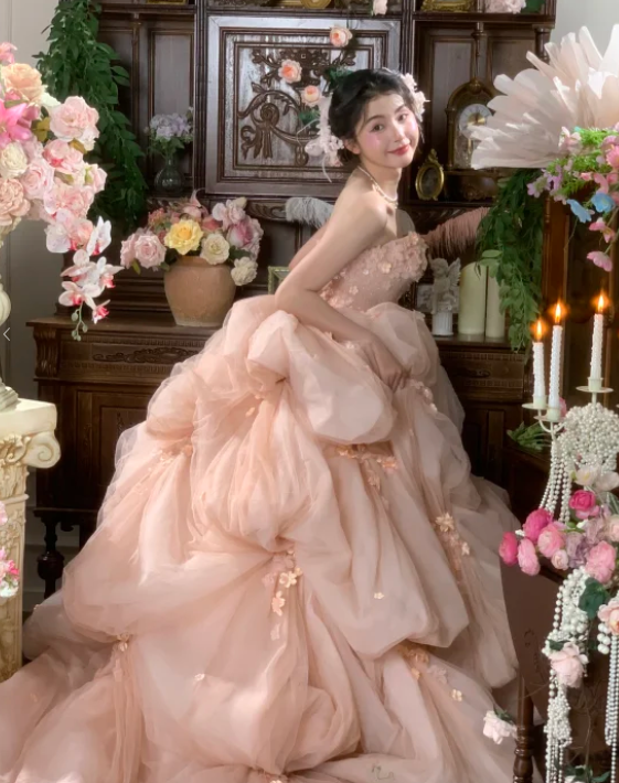 Vintage Wedding Gown Bridal Dress Ball Gown Strapless Organza Wedding Dress Pink Wedding Dresses Modest Wedding Gowns DH1761
