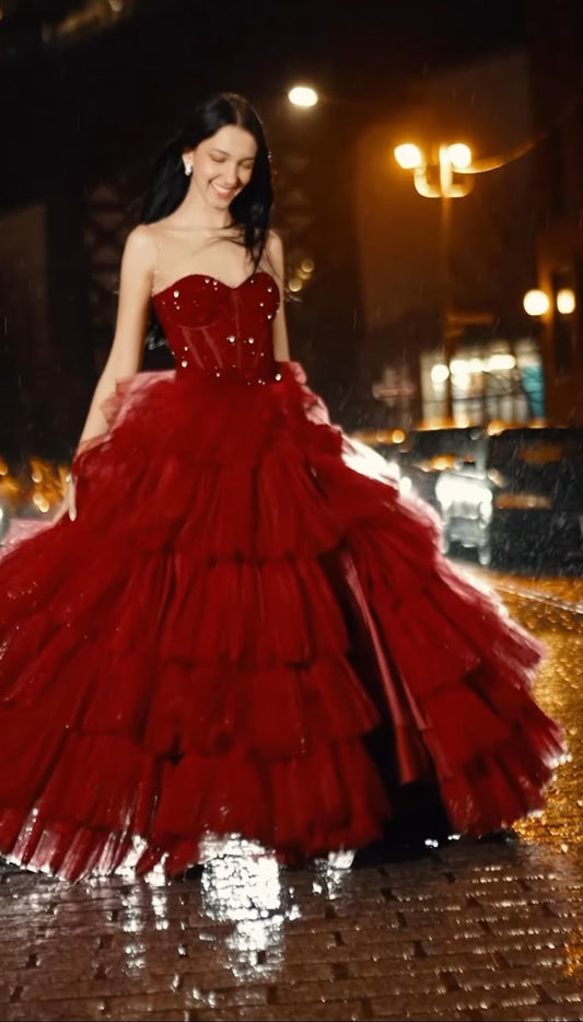 Elegant Ball Gown Sweetheart Sequin Burgundy Tulle Long Prom Dresses Party Dress 21st Birthday Outfits Graduation Dresses DH177