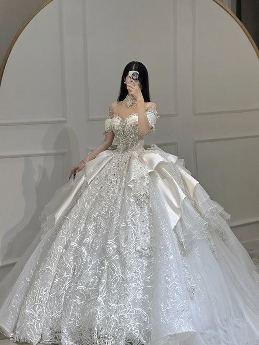 Princess Bridal Dress Ball Gown Off The Shoulder White Wedding Dress Ruffles Lace Wedding Dresses Modest Wedding Gowns DH1774