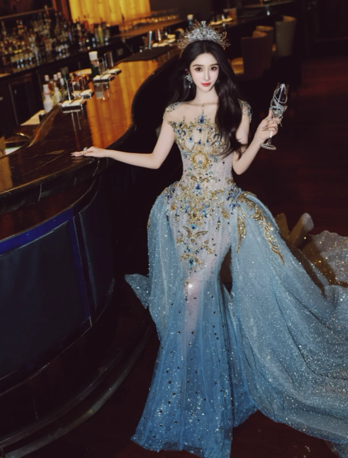 Luxury Mermaid High Neck Light Sky Blue Wedding Dress Modest Wedding Dresses Princess Wedding Gowns DH1778