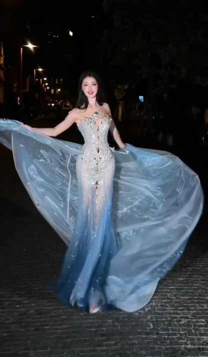 Luxury Mermaid High Neck Light Sky Blue Wedding Dress Modest Wedding Dresses Princess Wedding Gowns DH1778