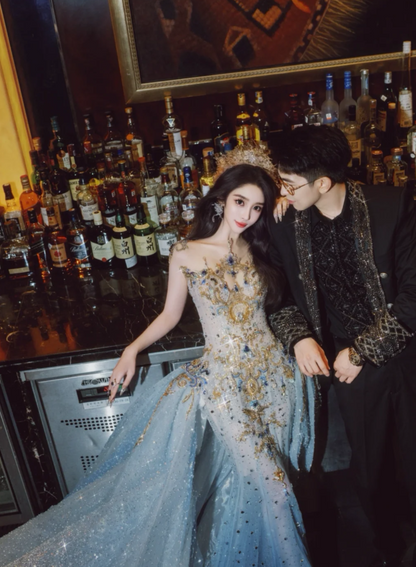 Luxury Mermaid High Neck Light Sky Blue Wedding Dress Modest Wedding Dresses Princess Wedding Gowns DH1778