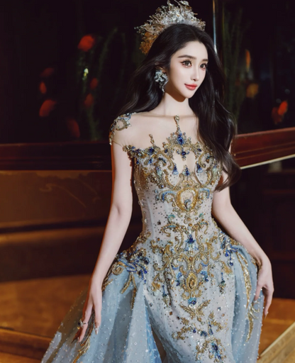 Luxury Mermaid High Neck Light Sky Blue Wedding Dress Modest Wedding Dresses Princess Wedding Gowns DH1778