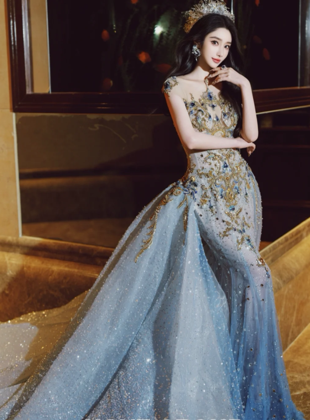 Luxury Mermaid High Neck Light Sky Blue Wedding Dress Modest Wedding Dresses Princess Wedding Gowns DH1778