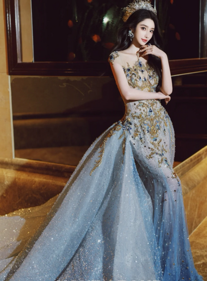 Luxury Mermaid High Neck Light Sky Blue Wedding Dress Modest Wedding Dresses Princess Wedding Gowns DH1778