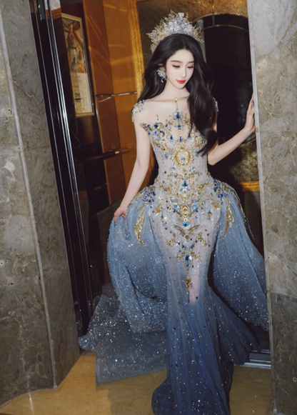 Luxury Mermaid High Neck Light Sky Blue Wedding Dress Modest Wedding Dresses Princess Wedding Gowns DH1778