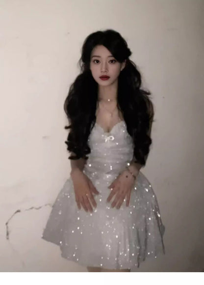 Classy A Line Spaghetti Straps Sequin White Short Mini Formal 8th Grade Homecoming Dresses Middle School Hoco Court Dress 21st Birthday Dress Hoco Outfits DH1797