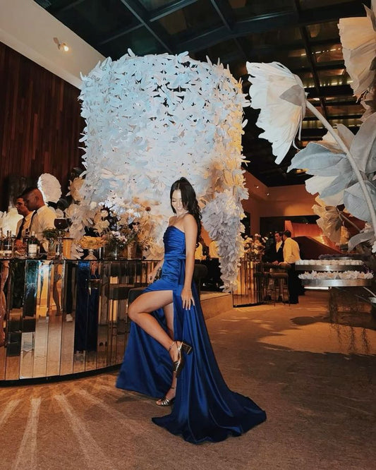 Robe de bal élégante en satin bleu marine, coupe trapèze, sans bretelles, longue, formelle, pour invités de mariage, tenue de soirée, DH181