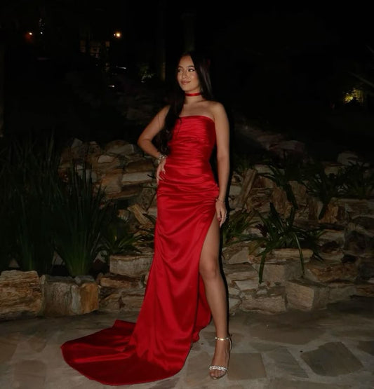 Elegant Sheath Strapless Red Slit Long Prom Dresses Party Dress 21st Birthday Outfits Graduation Dresses DH182