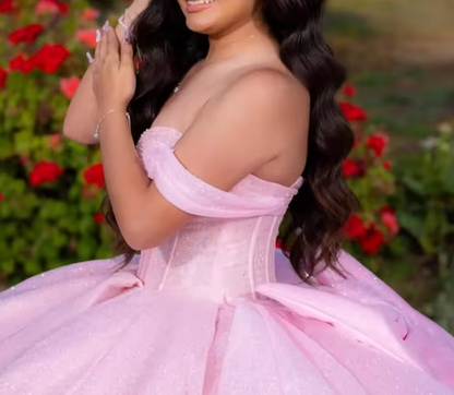 Pretty Ball Gown Off The Shoulder Pink Tulle Long Quinceanera Dress Formal Gowns Vestido De 15 Anos Sweet 16 Dress DH1841