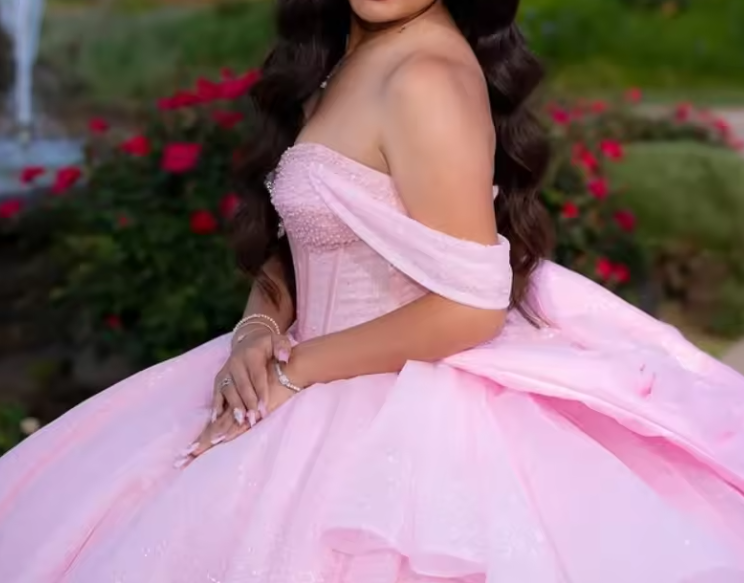 Pretty Ball Gown Off The Shoulder Pink Tulle Long Quinceanera Dress Formal Gowns Vestido De 15 Anos Sweet 16 Dress DH1841