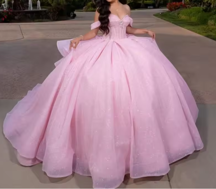 Pretty Ball Gown Off The Shoulder Pink Tulle Long Quinceanera Dress Formal Gowns Vestido De 15 Anos Sweet 16 Dress DH1841