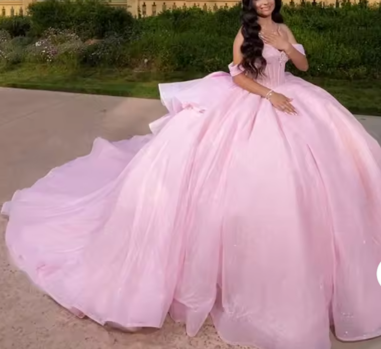 Pretty Ball Gown Off The Shoulder Pink Tulle Long Quinceanera Dress Formal Gowns Vestido De 15 Anos Sweet 16 Dress DH1841