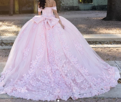 Modest Ball Gown Off The Shoulder Pink Tulle Lace Long Quinceanera Dress Formal Gowns Vestido De 15 Anos Sweet 16 Dress DH1853