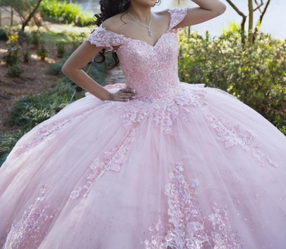 Modest Ball Gown Off The Shoulder Pink Tulle Lace Long Quinceanera Dress Formal Gowns Vestido De 15 Anos Sweet 16 Dress DH1853
