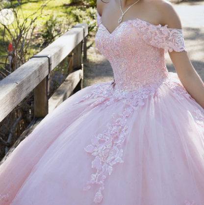 Robe de bal modeste à épaules dénudées en tulle rose et dentelle, longue robe de Quinceanera, robe de soirée, robe de 15 ans, robe Sweet 16 DH1853
