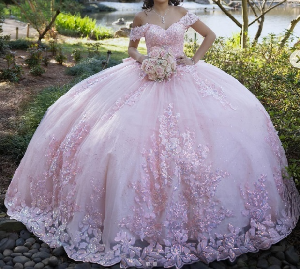 Robe de bal modeste à épaules dénudées en tulle rose et dentelle, longue robe de Quinceanera, robe de soirée, robe de 15 ans, robe Sweet 16 DH1853