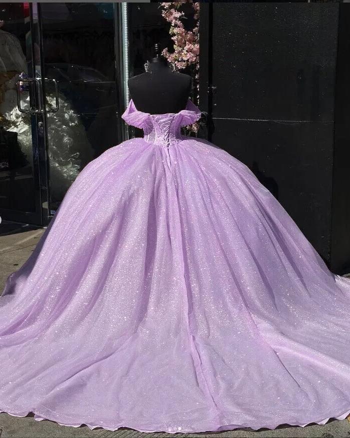 Princess Ball Gown Off The Shoulder Pink Tulle Long Quinceanera Dress Formal Gowns Vestido De 15 Anos Sweet 16 Dress DH1856