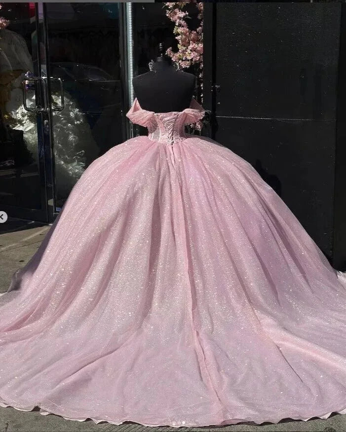 Princess Ball Gown Off The Shoulder Pink Tulle Long Quinceanera Dress Formal Gowns Vestido De 15 Anos Sweet 16 Dress DH1856