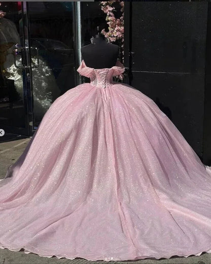 Princess Ball Gown Off The Shoulder Pink Tulle Long Quinceanera Dress Formal Gowns Vestido De 15 Anos Sweet 16 Dress DH1856