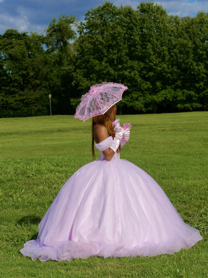 Princess Ball Gown Off The Shoulder Pink Tulle Long Quinceanera Dress Formal Gowns Vestido De 15 Anos Sweet 16 Dress DH1856