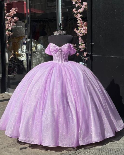 Princess Ball Gown Off The Shoulder Pink Tulle Long Quinceanera Dress Formal Gowns Vestido De 15 Anos Sweet 16 Dress DH1856