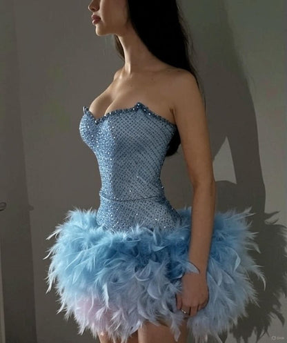 Trendy Sheath Sweetheart Blue Beads Feathers Sequin Mini Short Formal 8th Grade Homecoming Dresses Middle School Short Cocktail Dress Hoco Outfits D1873