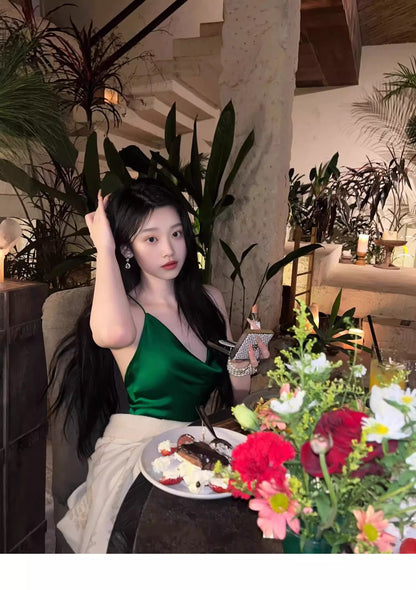 Sexy Sheath Spaghetti Straps Green Backless Satin Long Prom Dresses Party Dress 20th Birthday Outfits Graduation Dresses DH1886