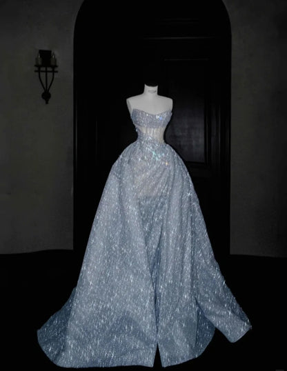 Sexy Mermaid Strapless Silver Gray Sequin Long Prom Dresses Party Dress 20th Birthday Outfits Graduation Dresses DH1896