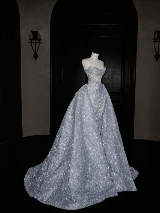 Sexy Mermaid Strapless Silver Gray Sequin Long Prom Dresses Party Dress 20th Birthday Outfits Graduation Dresses DH1896