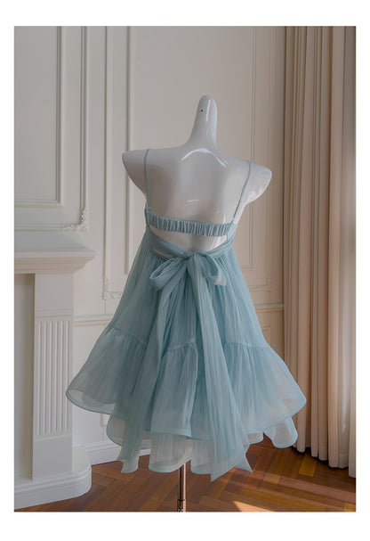 Simple A Line Spaghetti Straps Blue Open Backs Grad Dress Inspo Short Mini Formal 8th Grade Homecoming Dresses High School Hoco Court Dress Graduation Dress Hoco Outfits DH1905