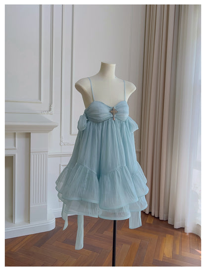 Pretty A Line Spaghetti Straps Blue Open Backs Grad Dress Inspo Short Mini Formal 8th Grade Homecoming Dresses High School Hoco Court Dress Graduation Dress Hoco Outfits D1905