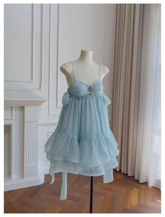 Pretty A Line Spaghetti Straps Blue Open Backs Grad Dress Inspo Short Mini Formal 8th Grade Homecoming Dresses High School Hoco Court Dress Graduation Dress Hoco Outfits D1905