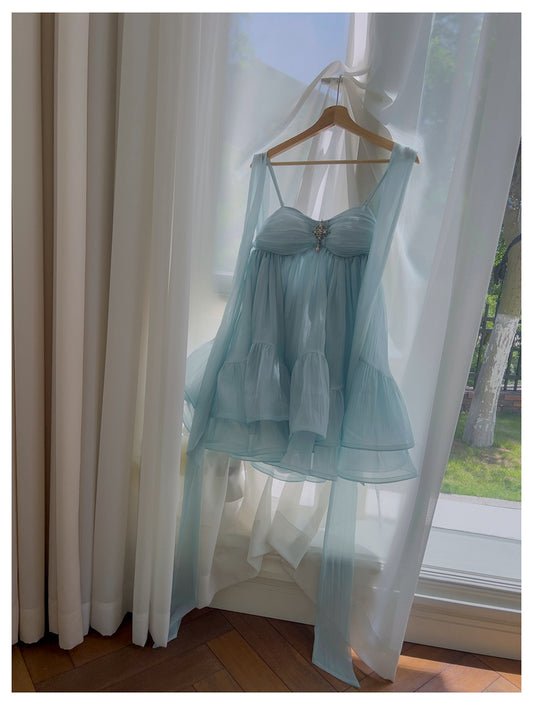 Simple A Line Spaghetti Straps Blue Open Backs Grad Dress Inspo Short Mini Formal 8th Grade Homecoming Dresses High School Hoco Court Dress Graduation Dress Hoco Outfits DH1905