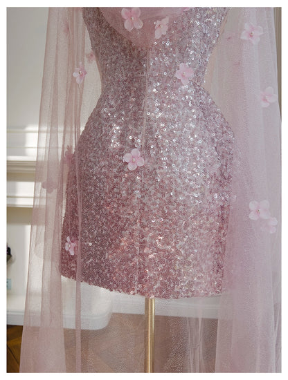 Cute A Line Spaghetti Straps Pink Sequin Grad Dress Inspo Formal 8th Grade Homecoming Dresses High School Hoco Court Dress Graduation Dress Hoco Outfits DH1908