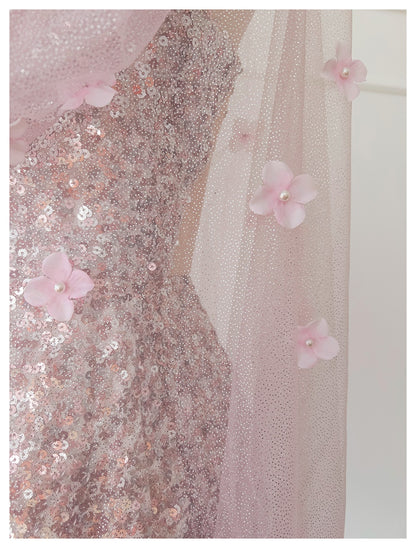 Cute A Line Spaghetti Straps Pink Sequin Grad Dress Inspo Formal 8th Grade Homecoming Dresses High School Hoco Court Dress Short Graduation Dress With Cape DH1909