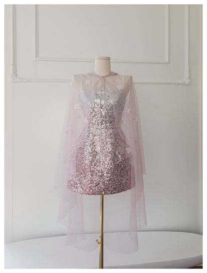 Cute A Line Spaghetti Straps Pink Sequin Grad Dress Inspo Formal 8th Grade Homecoming Dresses High School Hoco Court Dress Short Graduation Dress With Cape DH1909