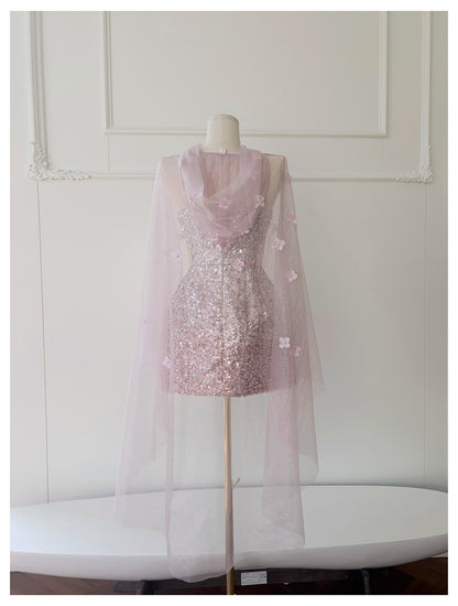 Cute A Line Spaghetti Straps Pink Sequin Grad Dress Inspo Formal 8th Grade Homecoming Dresses High School Hoco Court Dress Short Graduation Dress With Cape DH1909
